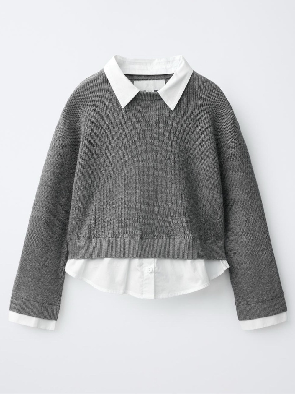 Zara Gray Knit Layered Sweater with White Shirt Detail